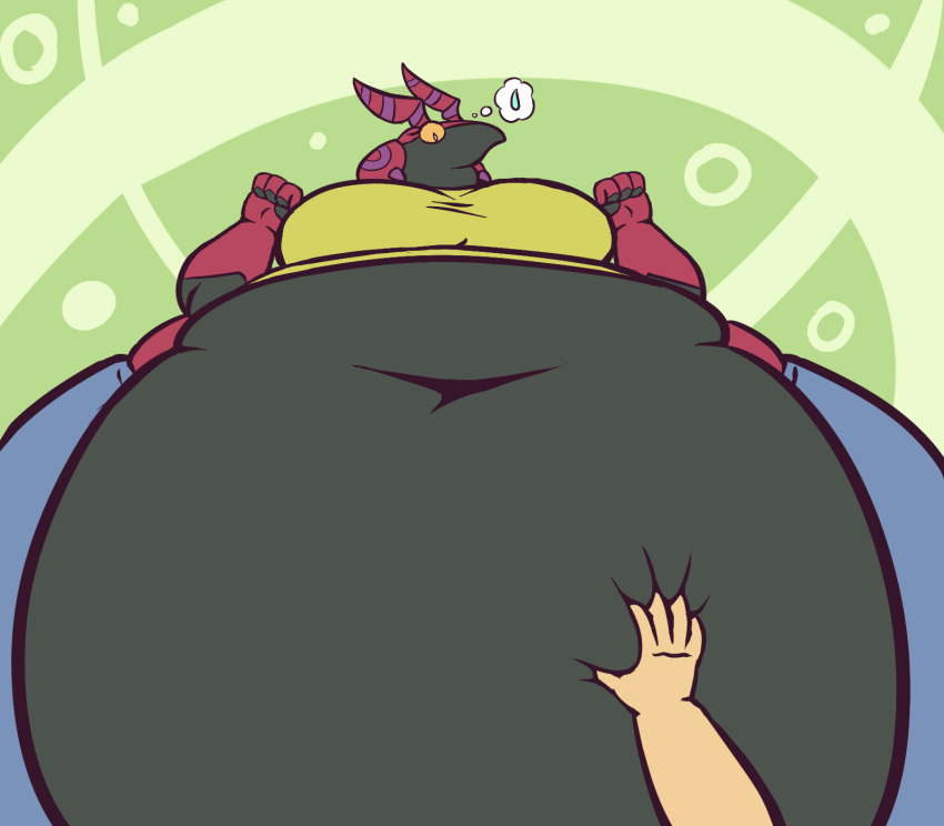 ambiguous_gender antennae_(anatomy) anthro arthropod belly belly_grab big_belly big_breasts black_body bodily_fluids breasts clothed clothing duo female female/ambiguous first_person_view generation_5_pokemon hi_res huge_belly human lexodynaro mammal myriapod navel nintendo obese obese_anthro obese_female overweight overweight_anthro overweight_female pokemon pokemon_(species) purple_body scolipede solo_focus sweat sweatdrop yellow_sclera