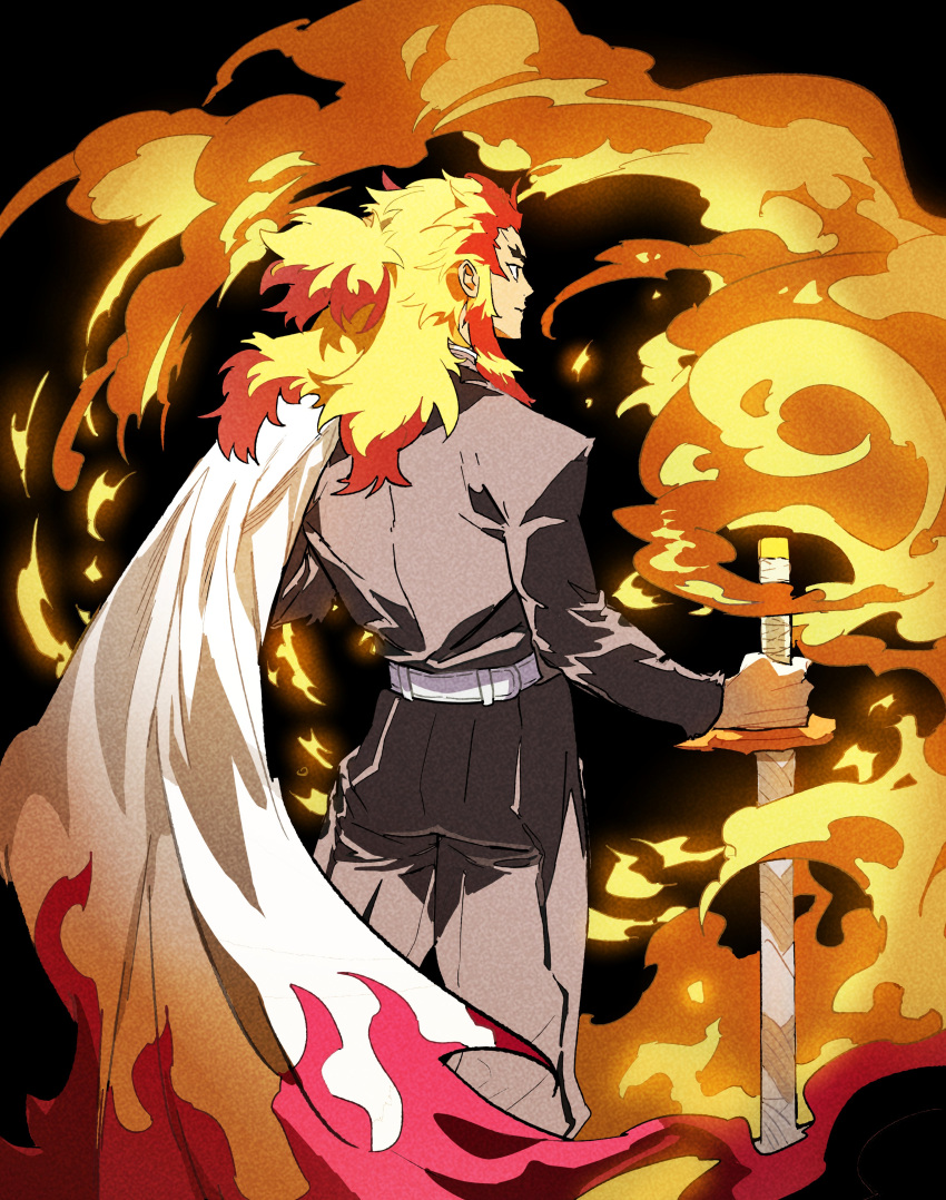1boy absurdres belt black_background black_jacket black_pants blonde_hair cape closed_mouth demon_slayer_uniform fire forked_eyebrows from_behind highres holding holding_cape holding_clothes holding_sword holding_weapon jacket katana kimetsu_no_yaiba long_hair looking_ahead male_focus multicolored_hair pants red_hair rengoku_kyoujurou simple_background smile solo standing streaked_hair sword two-tone_hair weapon white_belt white_cape zaket07