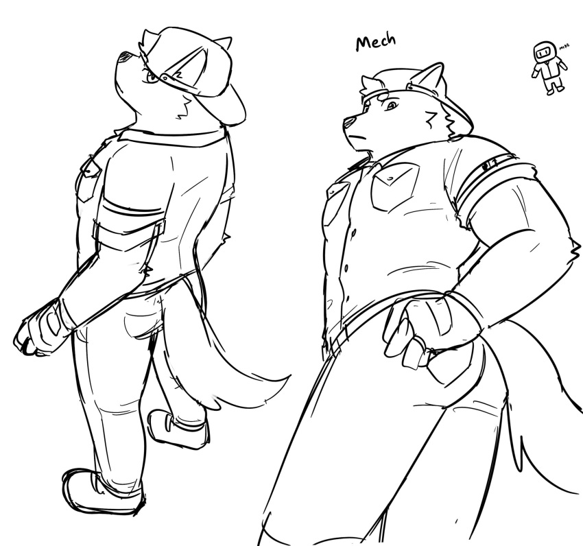 anthro bottomwear butt canid canine canis clothing fingerless_gloves footwear gloves hair handwear hat headgear headwear hi_res looking_at_viewer looking_down male mammal muscular muscular_anthro muscular_male northwoooof pants shirt shoes simple_background tail topwear wolf