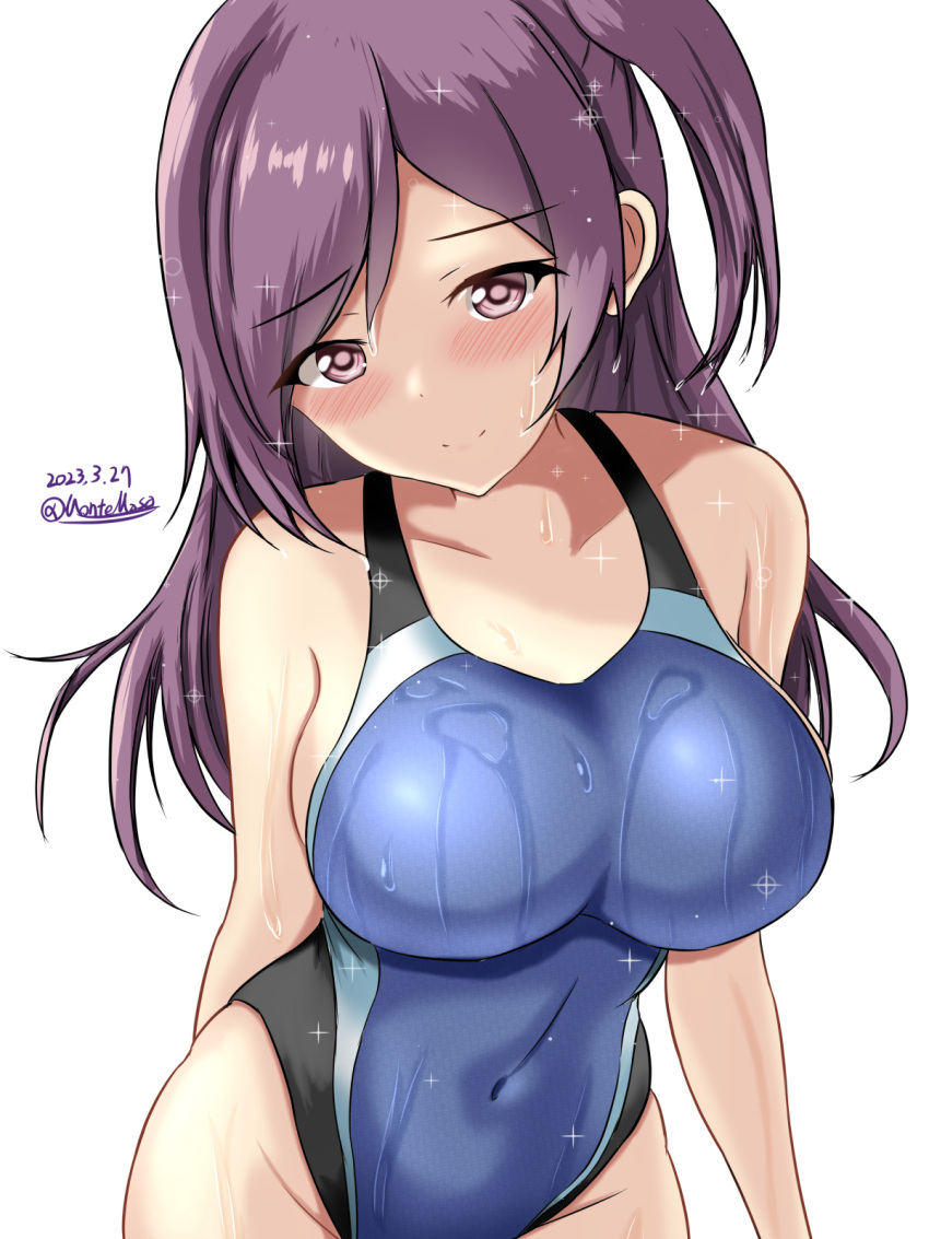 1girl ahoge alternate_costume black_one-piece_swimsuit blue_one-piece_swimsuit blush breasts competition_swimsuit covered_navel cowboy_shot dated hagikaze_(kancolle) highleg highleg_swimsuit highres impossible_clothes kantai_collection large_breasts long_hair looking_at_viewer montemasa multicolored_clothes multicolored_swimsuit one-hour_drawing_challenge one-piece_swimsuit one_side_up purple_hair simple_background smile solo swimsuit twitter_username two-tone_swimsuit wet wet_clothes wet_swimsuit white_background
