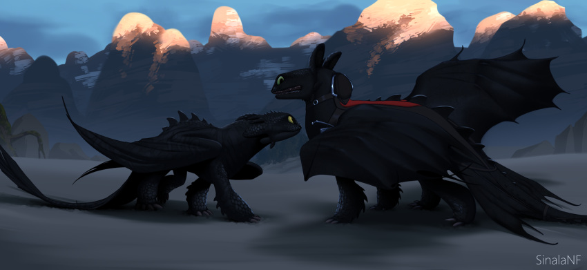2022 black_body black_scales claws day detailed_background digital_media_(artwork) dragon duo feral green_eyes hi_res horn membrane_(anatomy) membranous_wings outside scales scalie sinalanf sky spines standing western_dragon wings yellow_eyes