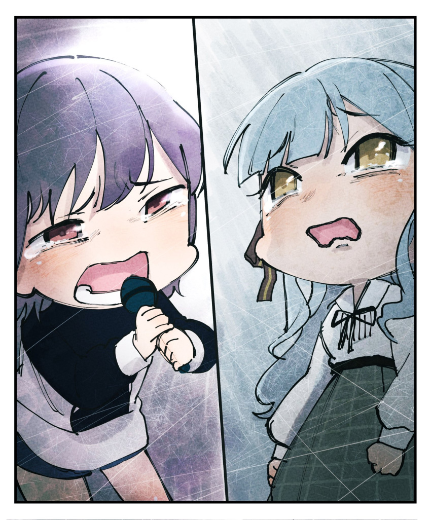 2girls aqua_hair bang_dream! bang_dream!_it's_mygo!!!!! blush chibi ei_eq5 hashtag_only_commentary highres holding holding_microphone looking_up lower_teeth_only microphone multiple_girls music open_mouth purple_hair red_eyes singing takamatsu_tomori tearing_up tears teeth togawa_sakiko yellow_eyes