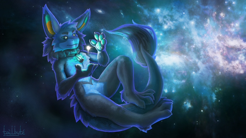 16:9 accessory anthro black_body black_fur blue_body blue_eyes blue_fur blue_sclera claws cosmic_background detailed digital_media_(artwork) digital_painting_(artwork) dragon fire floating fur furred_dragon galaxy hair hi_res magic male markings open_mouth outside pawpads shaded signature sky smile solo space space_background star starry_sky tail tailbyte teeth widescreen