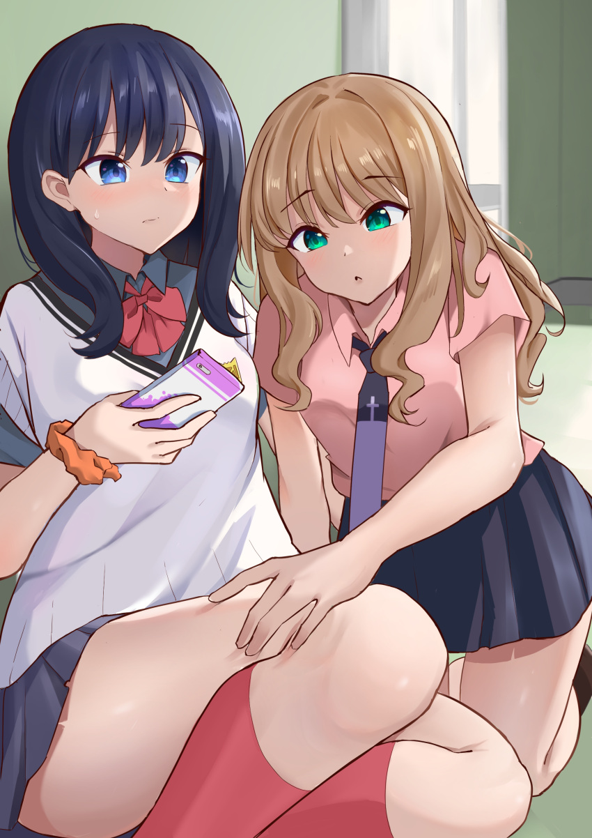 absurdres black_hair black_skirt blue_eyes bow cellphone closed_mouth green_eyes grey_shirt gridman_universe gridman_universe_(film) hand_on_another's_thigh highres holding holding_phone indoors kneeling light_brown_hair long_hair minami_yume necktie open_mouth orange_scrunchie patomu phone pleated_skirt purple_necktie red_bow red_socks school_uniform scrunchie shirt short_sleeves skirt smartphone socks ssss.dynazenon ssss.gridman takarada_rikka thick_thighs thighs vest white_vest wrist_scrunchie
