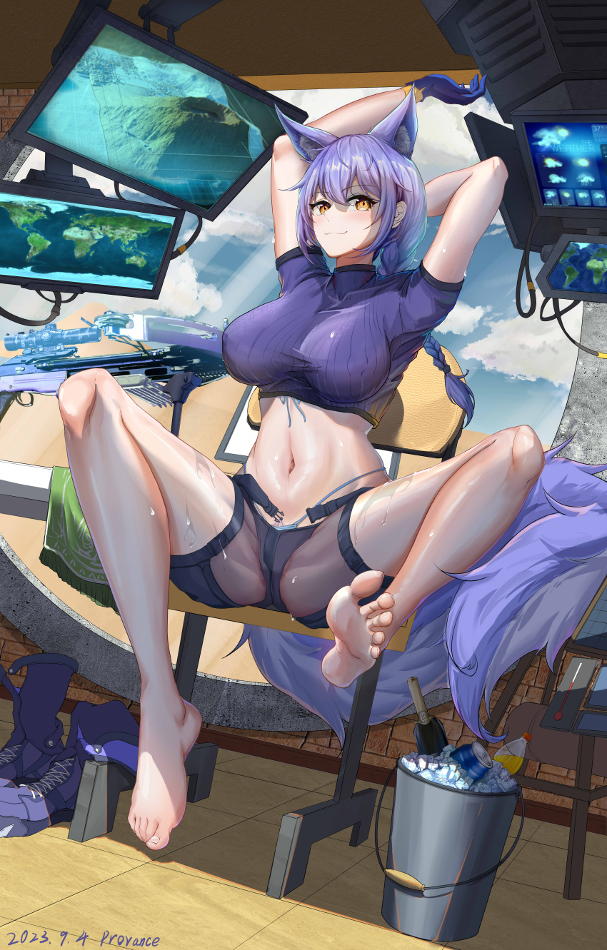 1girl absurdres animal_ears arknights arms_up bare_legs barefoot breasts bucket crossbow feet fluffy highres large_breasts large_tail legs long_hair looking_at_viewer monitor navel ponytail provence_(arknights) purple_hair qiyedefeishazhanji soles tail toes weapon wolf_ears wolf_girl wolf_tail yellow_eyes