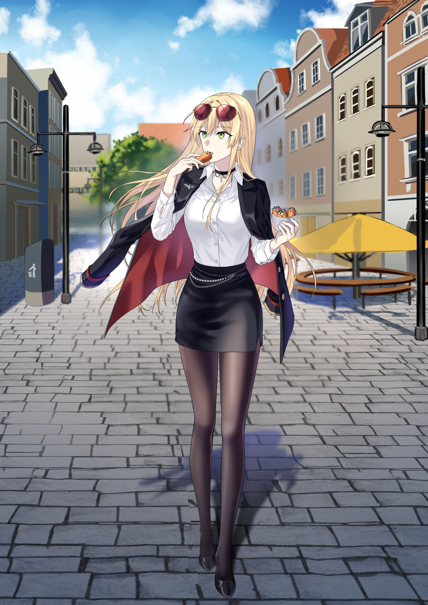 absurdres blonde_hair commission european_architecture eyewear_on_head food girls'_frontline green_eyes highres ice_cream jacket jacket_on_shoulders jewelry necklace pastry pixiv_commission shirt skirt stg44_(detective's_sidekick)_(girls'_frontline) stg44_(girls'_frontline) sunglasses suprii white_shirt