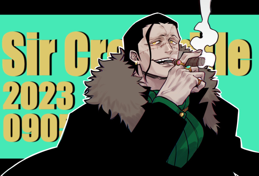 1boy ascot black_hair cigar coat crocodile_(one_piece) hair_slicked_back happy_birthday male_focus mature_male mosasaursun one_piece scar scar_on_face scar_on_nose short_hair smoking smug solo stitches upper_body wrinkled_skin