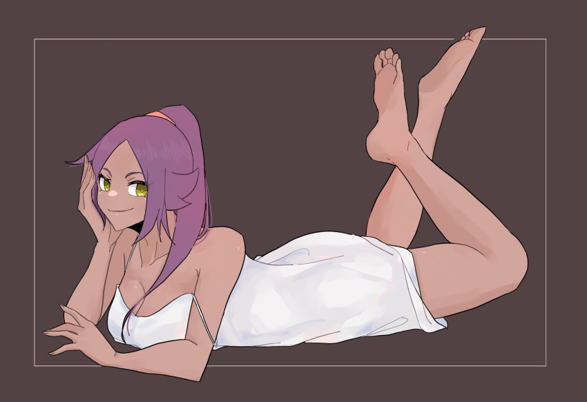 1girl alternate_costume bare_shoulders barefoot bleach breasts closed_mouth commentary_request dark-skinned_female dark_skin feet feet_up full_body highres legs looking_at_viewer lying mmsb_551 nightgown on_stomach ponytail purple_hair shihouin_yoruichi smile soles solo the_pose toes white_nightgown yellow_eyes