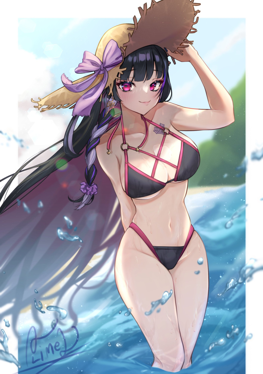 1girl absurdres adapted_costume alimel bikini black_bikini black_hair braid breasts cleavage criss-cross_halter day earrings halterneck hat highleg highleg_bikini highres holding holding_clothes holding_hat jewelry large_breasts long_hair looking_at_viewer meloco_kyoran multicolored_hair nijisanji nijisanji_en outdoors purple_eyes purple_hair smile solo straw_hat streaked_hair string_bikini sun_hat swimsuit very_long_hair virtual_youtuber wading water