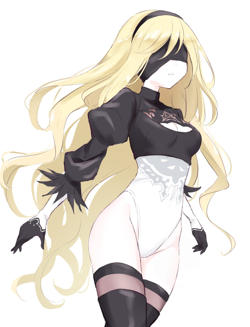 1girl black_blindfold black_gloves black_headband black_thighhighs blindfold blonde_hair breasts cleavage_cutout clothing_cutout cosplay cowboy_shot crossover expressionless gloves headband highleg highleg_leotard highres juliet_sleeves kkr_rkgk lace_trim leotard long_hair long_sleeves othinus puffy_sleeves small_breasts solo thighhighs toaru_majutsu_no_index two-tone_leotard very_long_hair wavy_hair white_background yorha_no._2_type_b yorha_no._2_type_b_(cosplay)