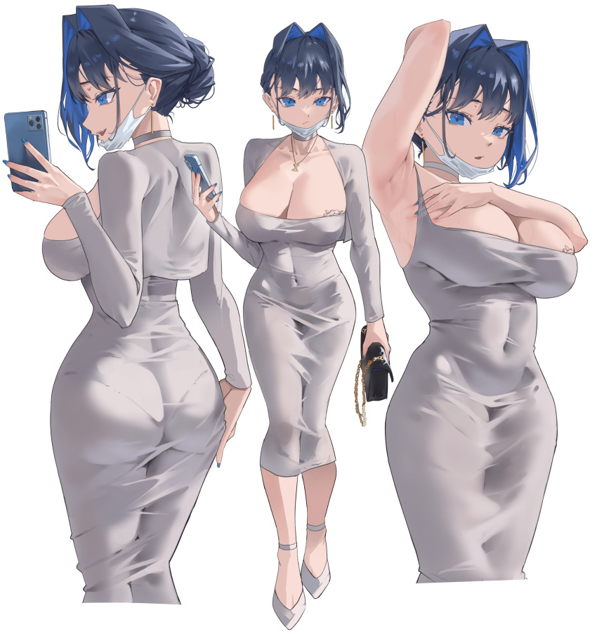1girl archinoer armpits ass black_bag blue_eyes blue_hair blue_nails breast_tattoo breasts cellphone choker colored_inner_hair commentary cosplay covered_navel dongtan_lady_(k_pring) dongtan_lady_(k_pring)_(cosplay) dress earrings hair_bun hair_intakes highres holding holding_phone hololive hololive_english impossible_clothes impossible_dress jewelry large_breasts looking_at_viewer mask mouth_mask multicolored_hair multiple_views necklace ouro_kronii pantylines phone short_hair simple_background single_hair_bun smartphone surgical_mask symbol-only_commentary tattoo virtual_youtuber white_background white_choker white_dress white_footwear