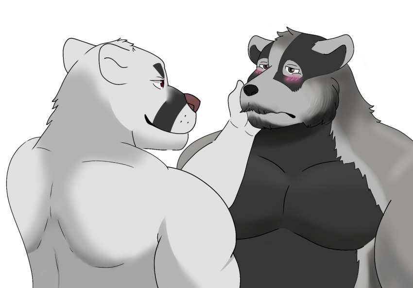 anthro badger black_body black_fur blush cougar duo echo_(series) echo_project felid feline fur grey_body grey_fur hi_res male male/male mammal muscular muscular_male mustelid musteline nikolai_(the_smoke_room) pandaandy samuel_ayers the_smoke_room visual_novel white_body white_fur