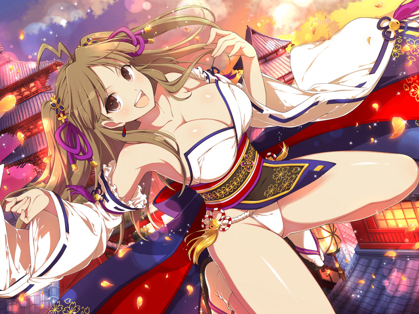 1girl ahoge architecture armpits bare_shoulders bell blush breasts brown_eyes brown_hair chinese_knot cleavage clog_sandals cloud collarbone day detached_sleeves earrings east_asian_architecture falling_petals floral_print fundoshi hair_ornament highres japanese_clothes jewelry jingle_bell jumping lantern large_breasts large_ribbon light_particles long_hair looking_at_viewer low_neckline miko nontraditional_miko obi official_art open_mouth paper_lantern petals renka_(senran_kagura) ribbon-trimmed_sleeves ribbon_trim rooftop sandals sash senran_kagura senran_kagura_estival_versus senran_kagura_new_link smile solo sparkle tabi tassel teeth tongue upper_teeth_only wide_sleeves yaegashi_nan zouri