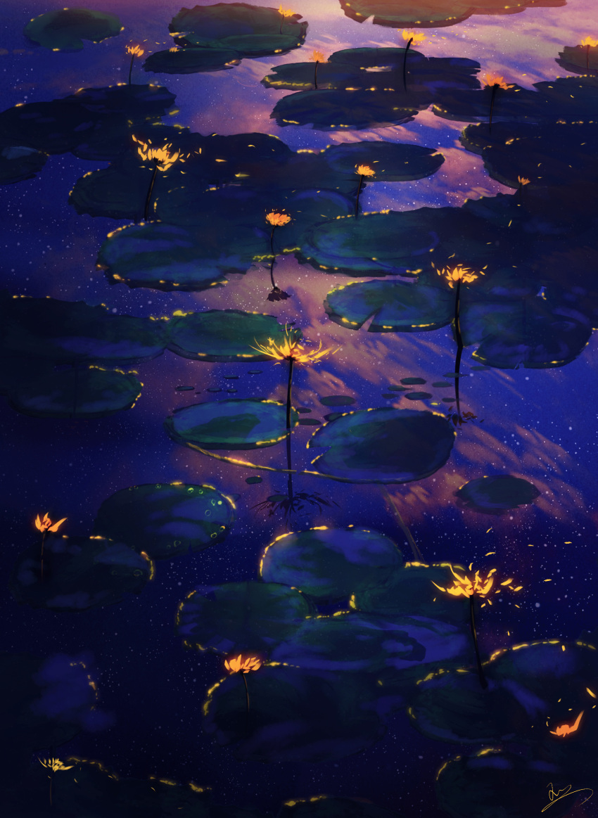 absurdres evening flower highres lily_pad nature no_humans original outdoors reflection reflective_water scenery signature skyrick9413 water