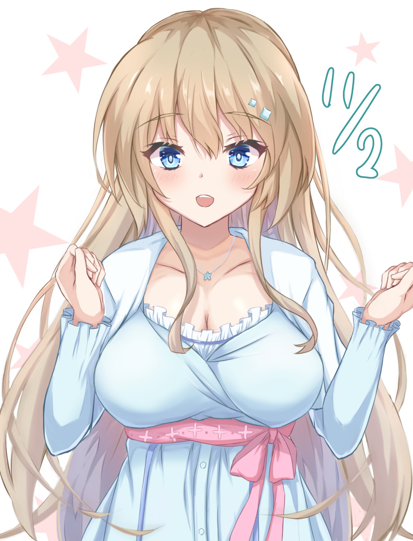 1girl 2021 9-nine- :d blue_dress blue_eyes blush breasts bright_pupils cleavage clenched_hands collarbone dated diamond_hair_ornament dress eyelashes hair_between_eyes hands_up happy highres jewelry kujou_miyako large_breasts light_brown_hair long_hair long_sleeves looking_at_viewer necklace open_mouth pink_ribbon ribbon sidelocks simple_background smile solo star_(symbol) star_necklace tatika714 teeth upper_body upper_teeth_only very_long_hair wavy_hair white_background white_pupils