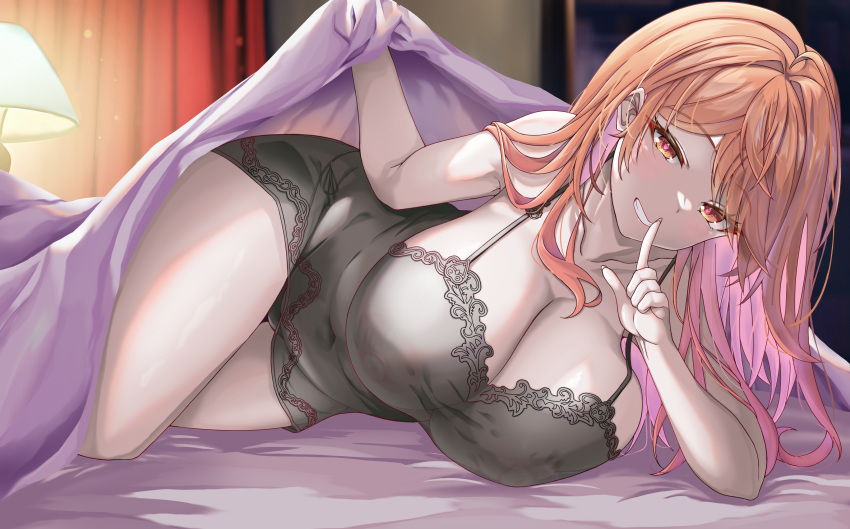 1girl absurdres areola_slip bedroom blanket breasts cleavage dress finger_to_mouth highres hololive hololive_dev_is ichijou_ririka kennedukennedy1 lamp large_breasts lying naughty_face nightgown nipples no_bra on_bed on_side orange_eyes orange_hair orange_nails parted_bangs revealing_clothes see-through see-through_dress under_covers