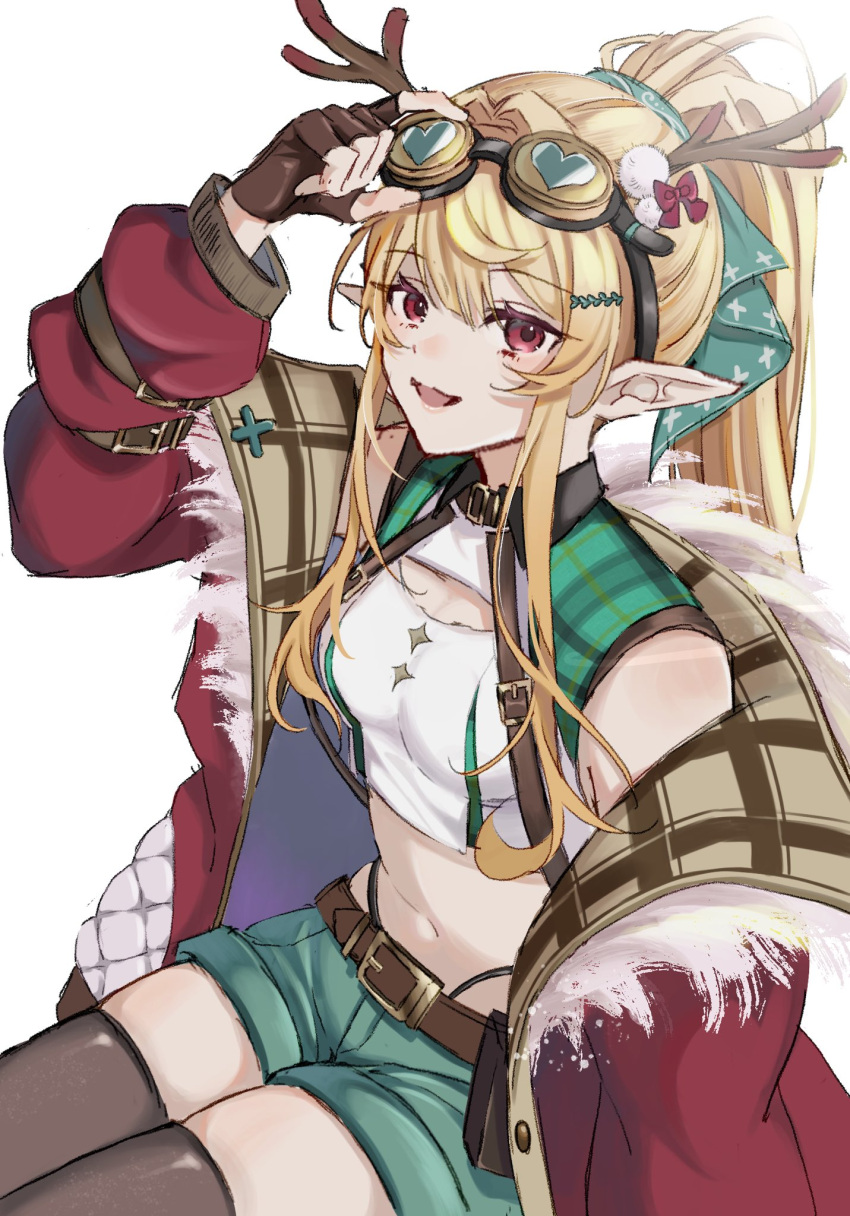 1girl antlers belt black_thighhighs blonde_hair brown_belt commentary crop_top deer_antlers dome_(ktn) goggles goggles_on_head green_shorts high_ponytail highres jacket long_hair nijisanji nijisanji_en official_alternate_costume open_clothes open_jacket open_mouth pointy_ears pomu_rainpuff red_eyes red_jacket shorts sidelocks sitting smile solo symbol-only_commentary thighhighs virtual_youtuber