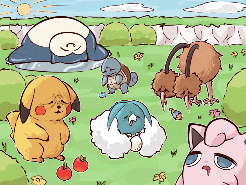 apple cloud commentary doduo egg empty_eyes food fruit highres jigglypuff no_humans outdoors pikachu pokemon pokemon_(creature) pokemon_(game) pokemon_sleep saliva sleeping smile snorlax squirtle sun swablu tori_(torisan_pokemon) wrinkled_frown_(detective_pikachu)