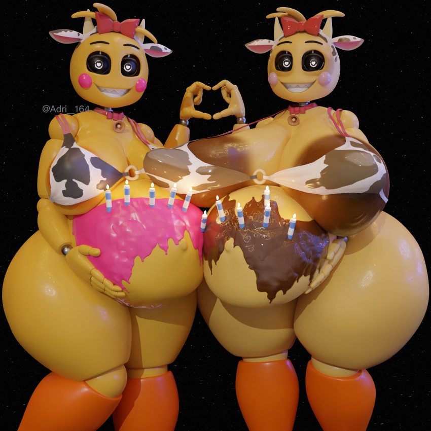 &lt;3 absurd_res adri164 animal_print animal_print_bikini animatronic areola areola_slip avian belly big_belly big_breasts bikini bikini_top bird breasts cake candle chicken clothing cow_print cow_print_bikini dessert duo female female/female five_nights_at_freddy's five_nights_at_freddy's_2 food food_fetish galliform gallus_(genus) hi_res hyper hyper_belly looking_at_viewer machine pattern_bikini pattern_clothing pattern_swimwear phasianid pregnant pregnant_female robot scottgames sharp_teeth smile swimwear teeth thick_thighs toy_chica_(fnaf) wide_hips womb_tattoo yellow_body