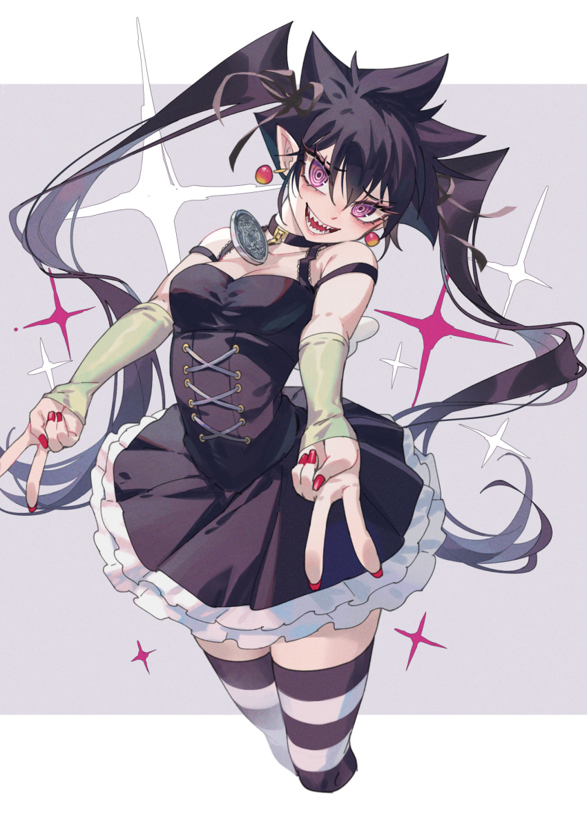 1girl arm_warmers bare_shoulders black_choker black_dress black_hair breasts choker cleavage collarbone cropped_legs double_v dress earrings frilled_dress frills grey_background hair_between_eyes hair_ribbon highres jewelry kuroe_kuroe long_hair looking_at_viewer manhole_senki_aoi medium_breasts meno_oku nail_polish open_mouth pink_eyes pointy_ears red_nails ribbon ringed_eyes sharp_teeth short_dress sleeveless sleeveless_dress smile solo sparkle standing striped striped_thighhighs teeth thighhighs twintails v very_long_hair