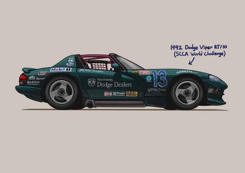 absurdres arhentol car dodge_(company) dodge_viper english_commentary ground_vehicle highres looking_up mobil motor_vehicle name_tag no_humans original race_vehicle racecar raelyn_cunningham shadow vehicle_focus