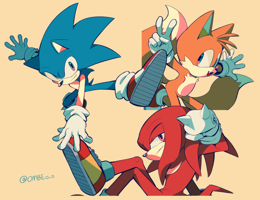 3boys animal_ears animal_nose arm_up arms_up artist_name blue_eyes blue_fur closed_mouth crossed_legs fang fox_boy fox_ears fox_tail furry furry_male green_eyes half-closed_eyes hedgehog hedgehog_ears hedgehog_tail highres knuckles_the_echidna leg_up looking_at_viewer male_focus multiple_boys multiple_tails ombeo_o open_mouth orange_fur purple_eyes red_footwear red_fur shoes simple_background sitting smile sneakers socks sonic_(series) sonic_the_hedgehog standing standing_on_one_leg tail tails_(sonic) tongue two_tails v white_socks yellow_background