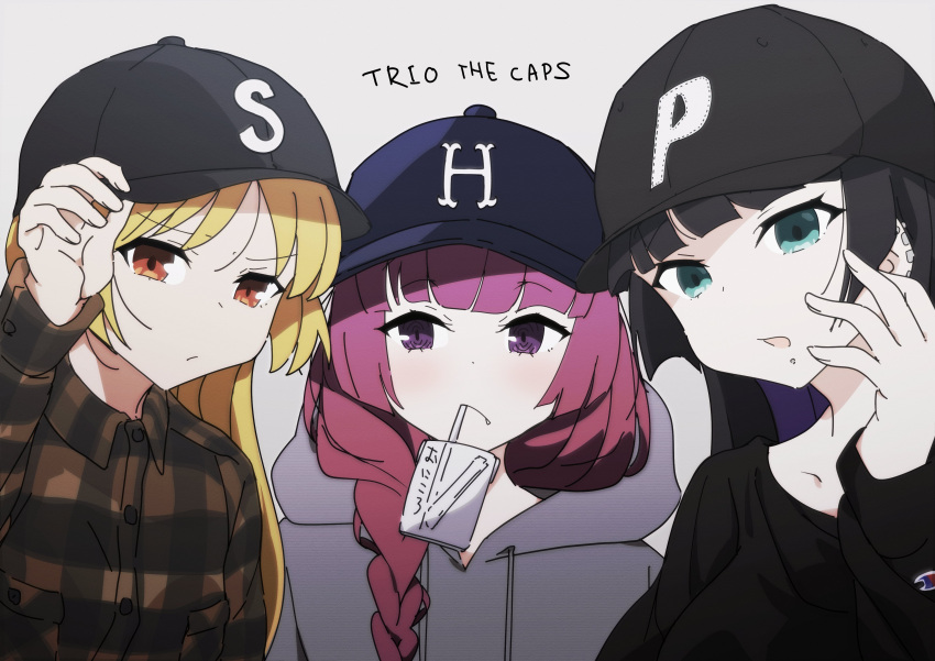 3girls absurdres aqua_eyes baseball_cap black_hair black_headwear black_shirt blonde_hair blue_headwear bocchi_the_rock! carton chin_piercing colored_inner_hair ear_piercing goumonsha grey_hoodie hat highres hiroi_kikuri hood hood_down hoodie ijichi_seika long_hair multicolored_hair multiple_girls piercing purple_eyes purple_hair red_eyes shirt upper_body