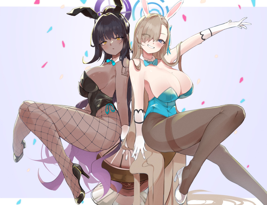 1girl animal_ears asuna_(blue_archive) asuna_(bunny)_(blue_archive) bare_shoulders black_hair black_leotard blue_archive blue_eyes blue_leotard blue_ribbon blush breasts brown_pantyhose chankuro cleavage confetti dark-skinned_female dark_skin detached_collar elbow_gloves fake_animal_ears fishnet_pantyhose fishnets gloves grin hair_over_one_eye hair_ribbon halo high_heels highleg highleg_leotard highres karin_(blue_archive) karin_(bunny)_(blue_archive) large_breasts leotard light_brown_hair long_hair looking_at_viewer mole mole_on_breast open_mouth pantyhose playboy_bunny ponytail rabbit_ears ribbon sidelocks sitting smile stool very_long_hair white_gloves yellow_eyes