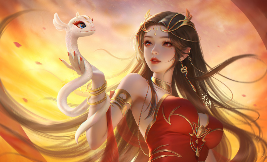 1girl absurdres animal armlet bare_shoulders bracelet brown_hair cai_lin_(doupo_cangqiong) cloud cloudy_sky collar doupo_cangqiong dress dusk earrings highres holding holding_animal jewelry ji_hui_zhaoxi long_hair looking_to_the_side metal_collar parted_lips pointy_ears red_dress second-party_source sky snake solo upper_body
