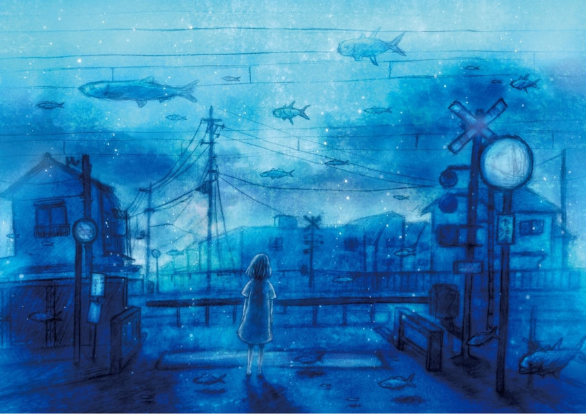 1girl barefoot blue_theme building facing_away fish flying_fish house medium_hair original outdoors power_lines railing railroad_tracks satomi_kazunori scenery shirt solo standing underwater underwater_city utility_pole window