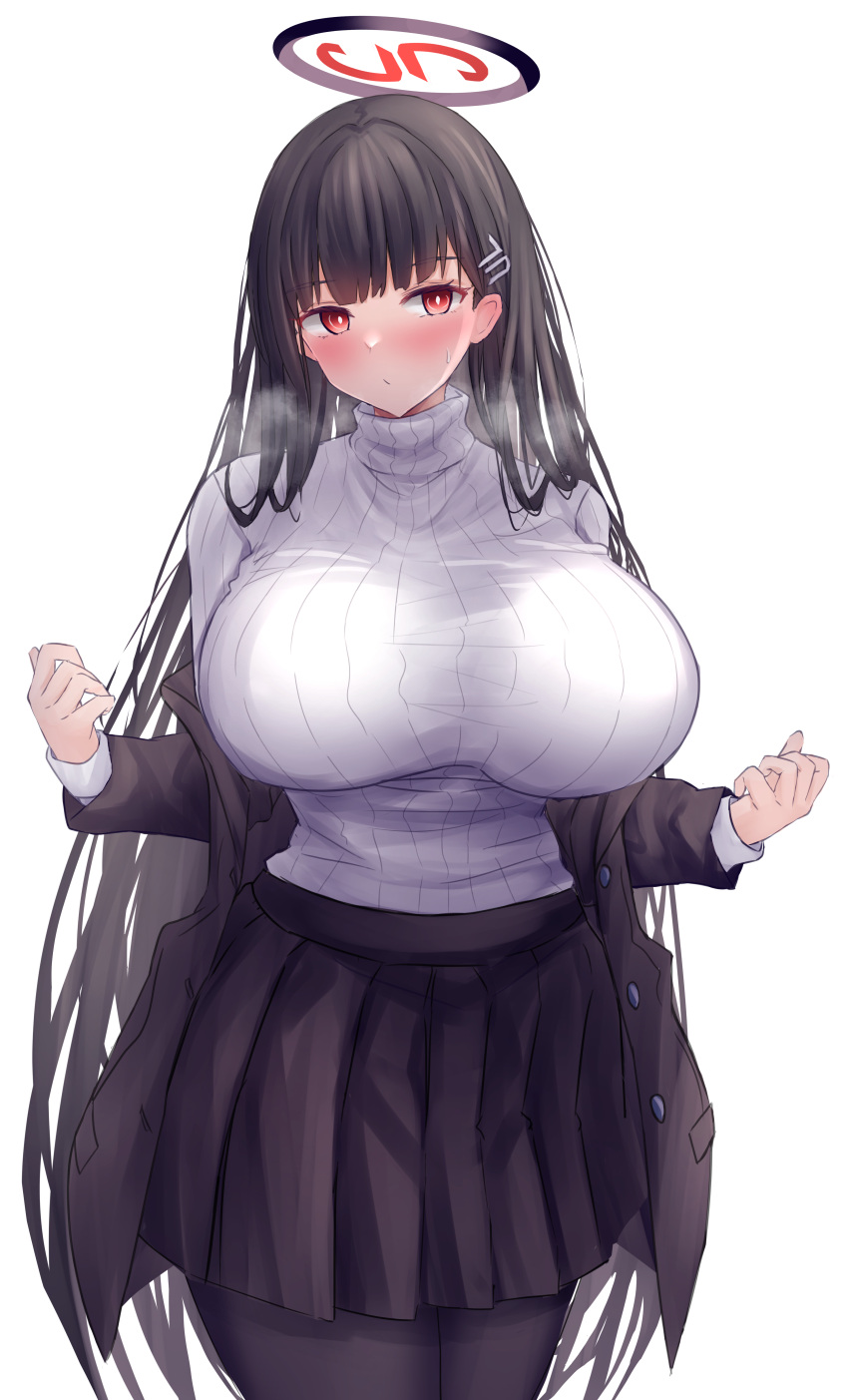 1girl absurdres black_hair black_pantyhose black_skirt blue_archive blunt_bangs blush breasts hair_ornament hairclip halo highres jacket large_breasts long_hair long_sleeves pantyhose pleated_skirt red_eyes rio_(blue_archive) skirt solo steam sweat sweater turtleneck turtleneck_sweater very_long_hair white_background white_sweater yuuki_shuri