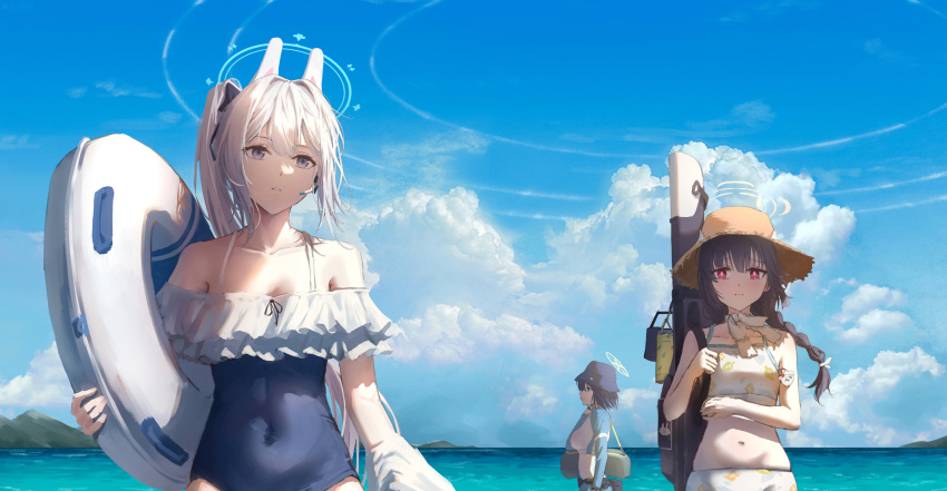 3girls absurdres animal_ear_headphones animal_ears bikini black_hair blue_archive blue_halo blue_one-piece_swimsuit blue_sky braid breasts bright_pupils bucket_hat casual_one-piece_swimsuit choker cloud cloudy_sky collarbone commentary_request covered_navel cowboy_shot day fake_animal_ears frilled_one-piece_swimsuit frills halo hat headphones headset highres holding holding_innertube holding_strap innertube leaf_print long_hair looking_at_viewer miyako_(blue_archive) miyako_(swimsuit)_(blue_archive) miyu_(blue_archive) miyu_(swimsuit)_(blue_archive) multiple_girls navel ocean off-shoulder_one-piece_swimsuit off_shoulder official_alternate_costume one-piece_swimsuit outdoors ponytail print_bikini purple_eyes rabbit_ear_headphones red_eyes ressec ribbon ribbon_choker saki_(blue_archive) saki_(swimsuit)_(blue_archive) sky small_breasts standing straw_hat swimsuit twin_braids twintails two-tone_one-piece_swimsuit white_bikini white_hair white_halo white_innertube white_pupils white_ribbon yellow_headwear