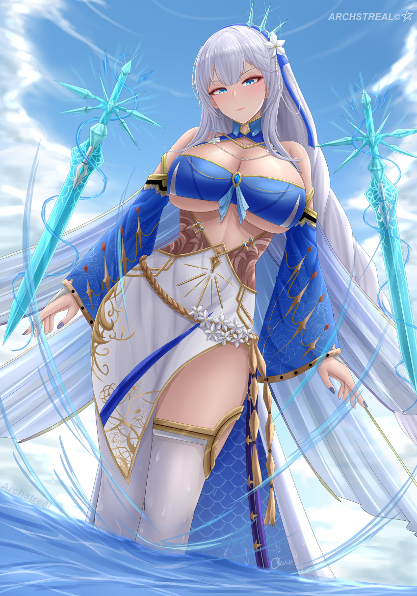 1girl absurdres archstreal artist_name bare_shoulders blue_eyes blush breasts cleavage closed_mouth duplicate fiona_(tower_of_fantasy) highres large_breasts long_hair looking_at_viewer outdoors pixel-perfect_duplicate sky solo tower_of_fantasy water white_hair