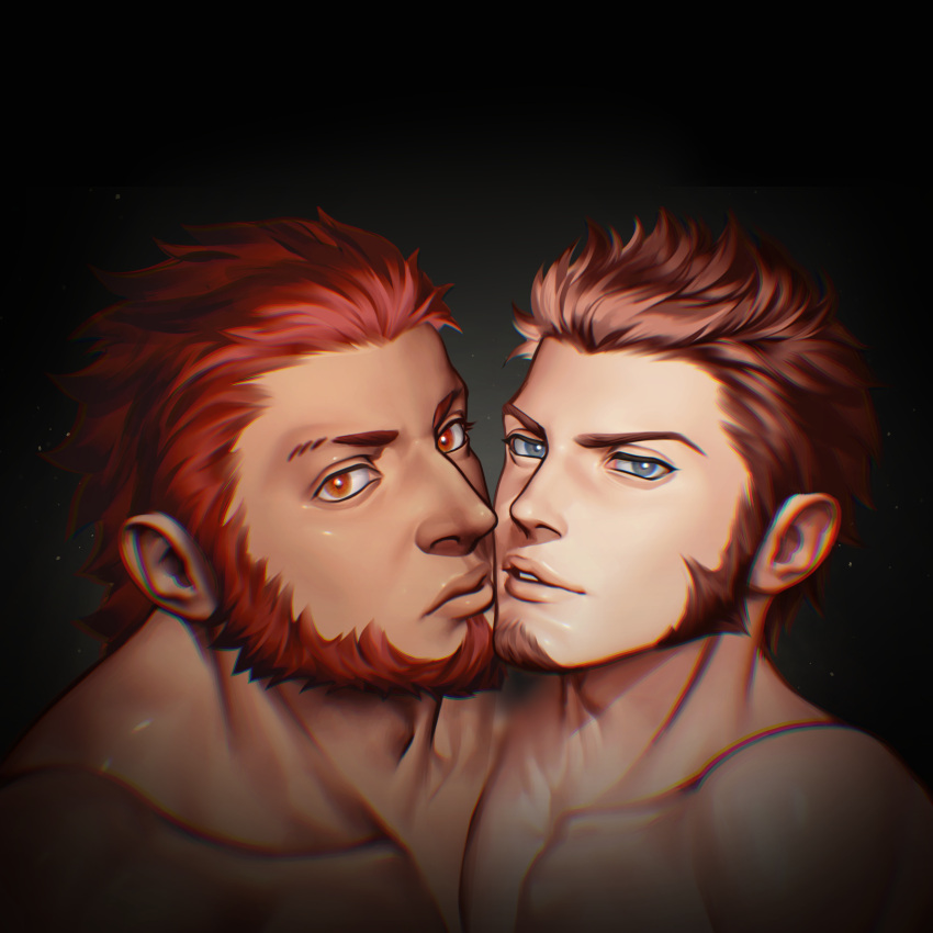 2boys absurdres bara beard blue_eyes bright_pupils brown_hair collarbone commission dark facial_hair fate/grand_order fate_(series) goatee highres imminent_kiss iskandar_(fate) long_sideburns male_focus mature_male multiple_boys muscular muscular_male napoleon_bonaparte_(fate) nude pectorals red_eyes red_hair second-party_source short_hair sideburns thick_lips upper_body waiwai_mura yaoi