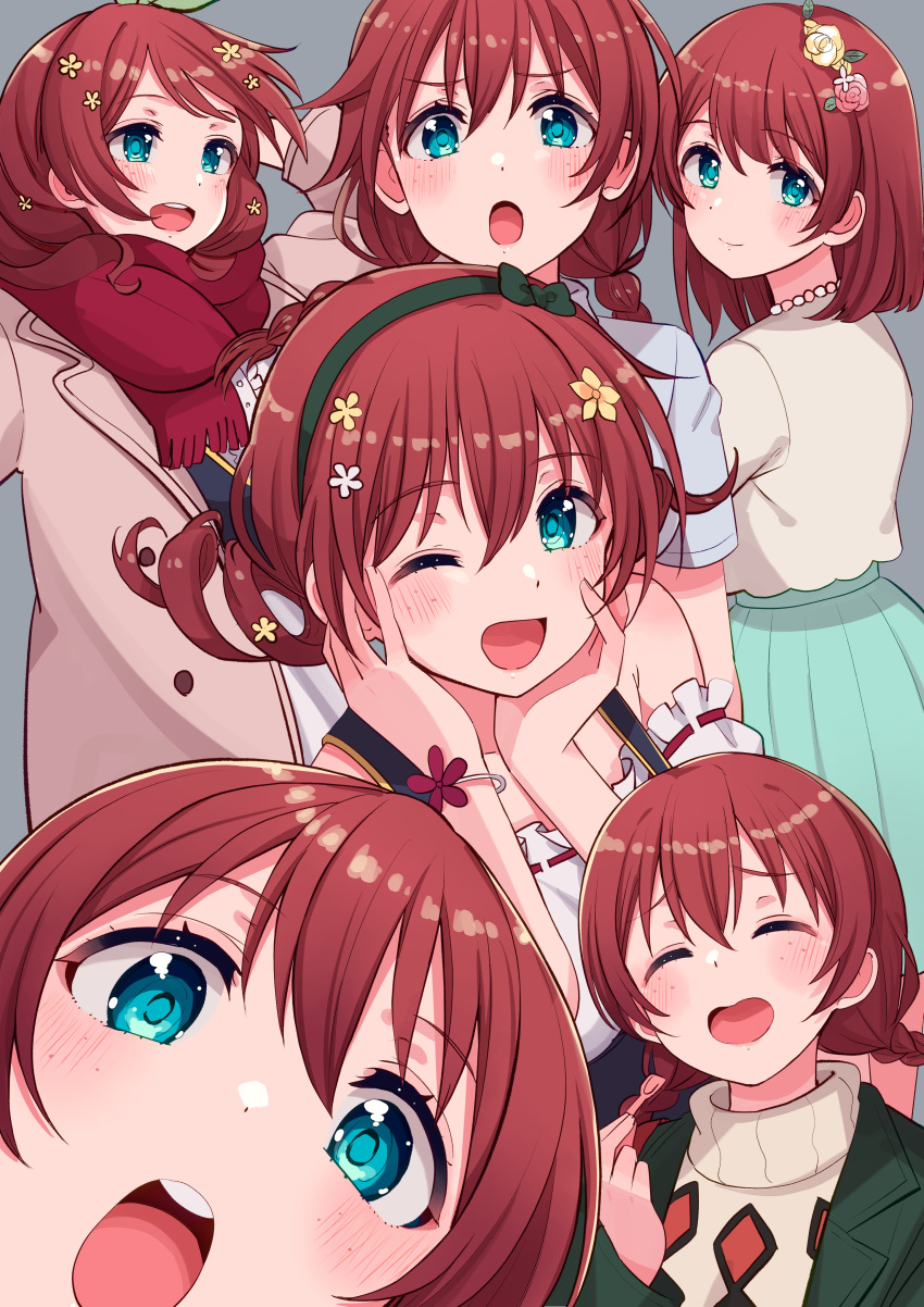 1girl absurdres aqua_eyes birthday blush braid brown_hair closed_eyes cream_(nipakupa) drill_hair emma_verde evergreen_(love_live!) flower freckles from_behind grey_background hair_flower hair_ornament highres jacket jewelry kotori_photobomb looking_at_viewer looking_back love_live! love_live!_nijigasaki_high_school_idol_club medium_hair multiple_views necklace one_eye_closed red_scarf scarf sidelocks smile twin_braids