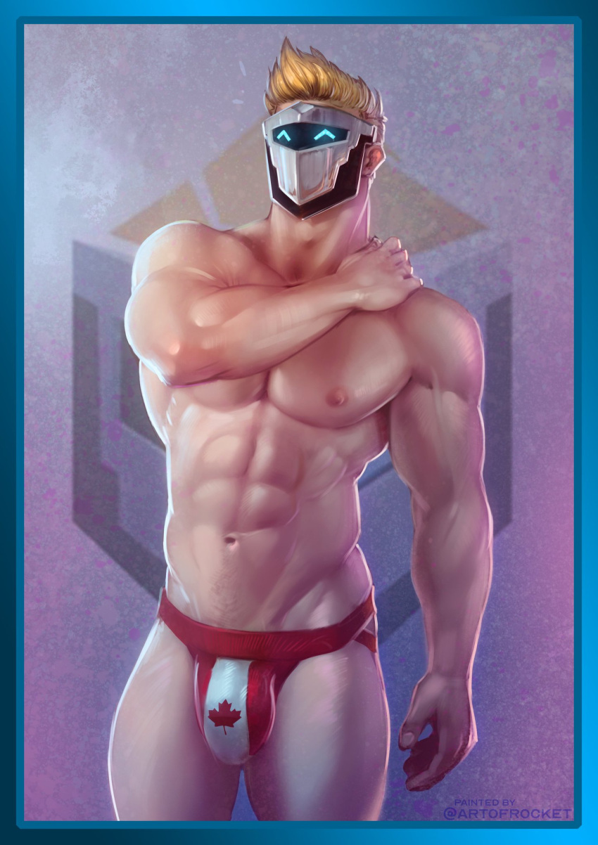 1boy ^_^ abs artificial_eye bara blonde_hair bulge canadian_flag_print closed_eyes commission feet_out_of_frame hand_on_own_shoulder highres indie_virtual_youtuber jockstrap large_bulge large_pectorals looking_ahead male_focus male_underwear mask masked_himbo_(silvyspark) muscular muscular_male navel nipples pectorals red_male_underwear rocket_(artofrocket) second-party_source short_hair solo sparse_navel_hair spiked_hair standing stomach thick_thighs thighs topless_male underwear veins veiny_arms virtual_youtuber