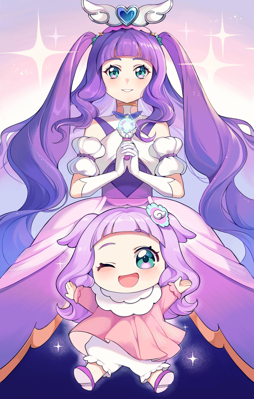 1girl ;d absurdres aged_up aqua_eyes baby bai_xin commentary_request cure_majesty dress dual_persona elbow_gloves ellee-chan eyelashes gloves gradient_background hair_ornament happy highres hirogaru_sky!_precure long_hair looking_at_viewer magical_girl one_eye_closed open_mouth precure purple_dress purple_hair smile solo standing thighhighs thighs white_thighhighs wing_hair_ornament