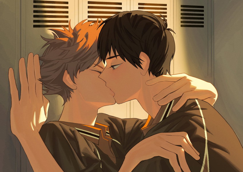 2boys bishounen black_hair black_shirt closed_eyes collared_shirt estelle_bear haikyuu!! hand_on_another's_neck hand_on_another's_shoulder highres hinata_shouyou kageyama_tobio kiss locker locker_room male_focus multiple_boys orange_hair shirt short_hair sportswear sunlight volleyball_uniform yaoi