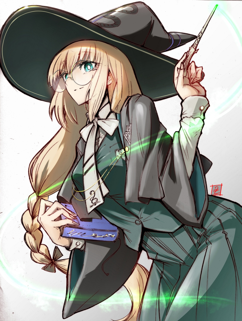 1girl absurdres blonde_hair blue_eyes book braid fate/grand_order fate_(series) glasses green_skirt green_vest hat highres holding holding_book holding_wand long_hair matutoya necktie skirt slytherin smile snake_print tonelico_(fate) vest wand witch_hat wizarding_world