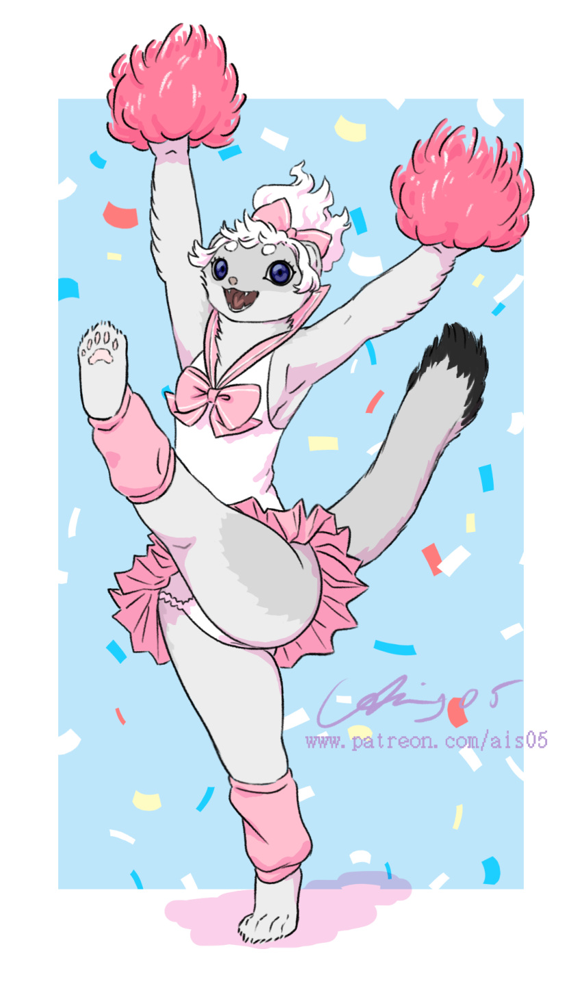 2023 ais05 anthro bottomwear cheerleader cheerleader_outfit cheerleading_pose clothed clothing digital_media_(artwork) female fur hair hi_res lumi_(paledrake) mammal mustelid musteline open_mouth paledrake pom_poms pose signature simple_background skirt smile solo stoat tongue topwear true_musteline weasel white_body white_fur