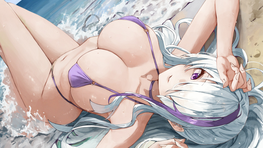 1girl arched_back azur_lane beach bikini commentary day hair_over_one_eye highres ki-16 knees_up looking_at_viewer lying multicolored_hair navel ocean on_back outdoors parted_lips purple_bikini purple_eyes purple_hair solo stomach streaked_hair swimsuit thighs unzen_(azur_lane) unzen_(sojourn_through_clear_seas)_(azur_lane) water wet white_hair