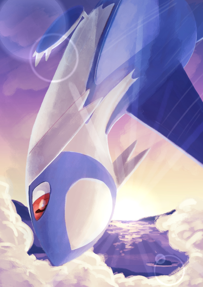 absurdres claws cloud commentary_request flying hatoro_kuroyoshi highres latios lens_flare looking_down no_humans outdoors pokemon pokemon_(creature) red_eyes sky solo sunset twilight water