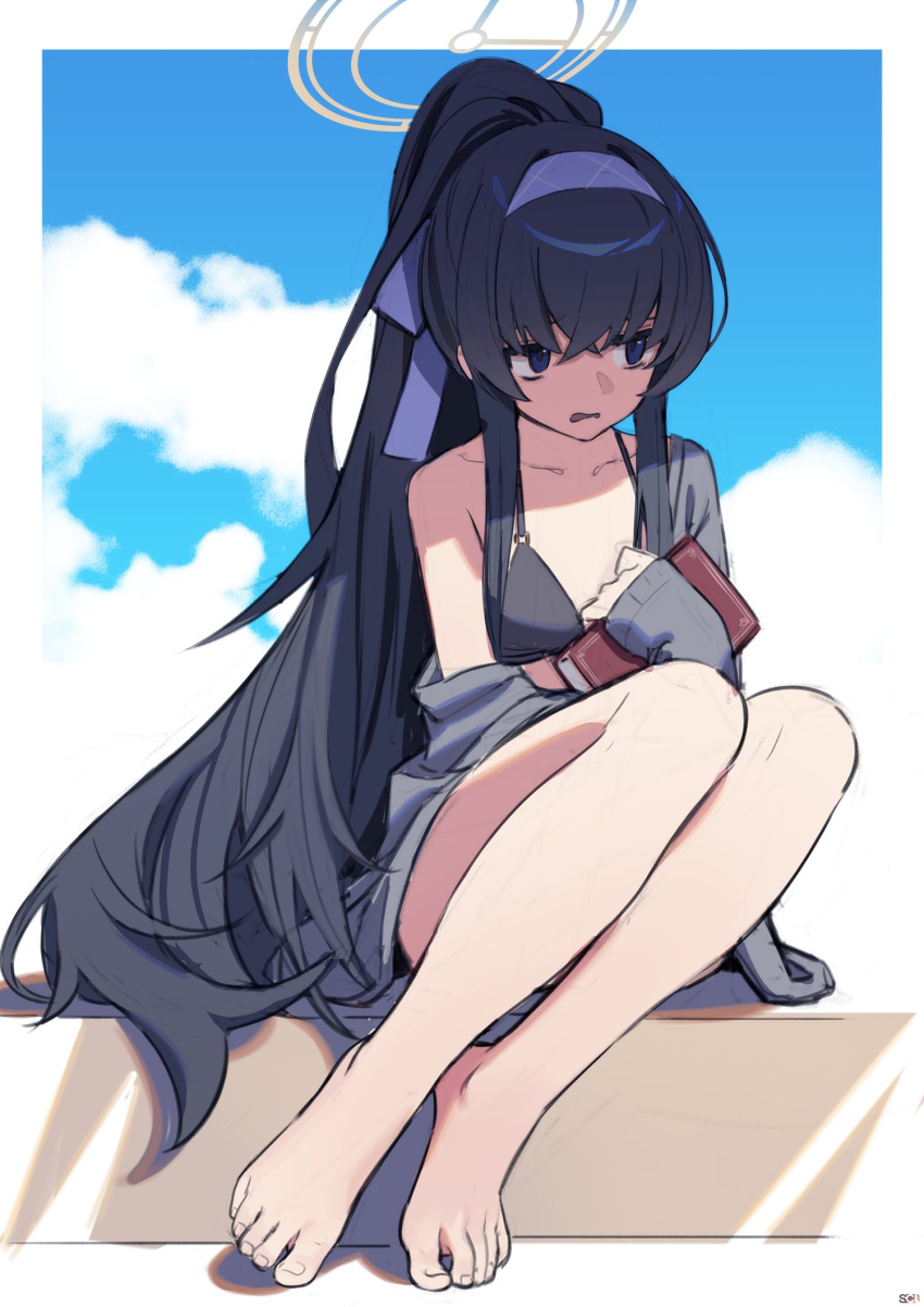 1girl bags_under_eyes barefoot bikini black_bikini black_hair blue_archive book breasts cardigan cloud day feet hair_ribbon halo highres holding holding_book knees_up legs long_hair off_shoulder open_mouth ponytail ribbon sidelocks sitting sky small_breasts solo songchuan_li swimsuit toenails toes ui_(blue_archive) ui_(swimsuit)_(blue_archive) very_long_hair