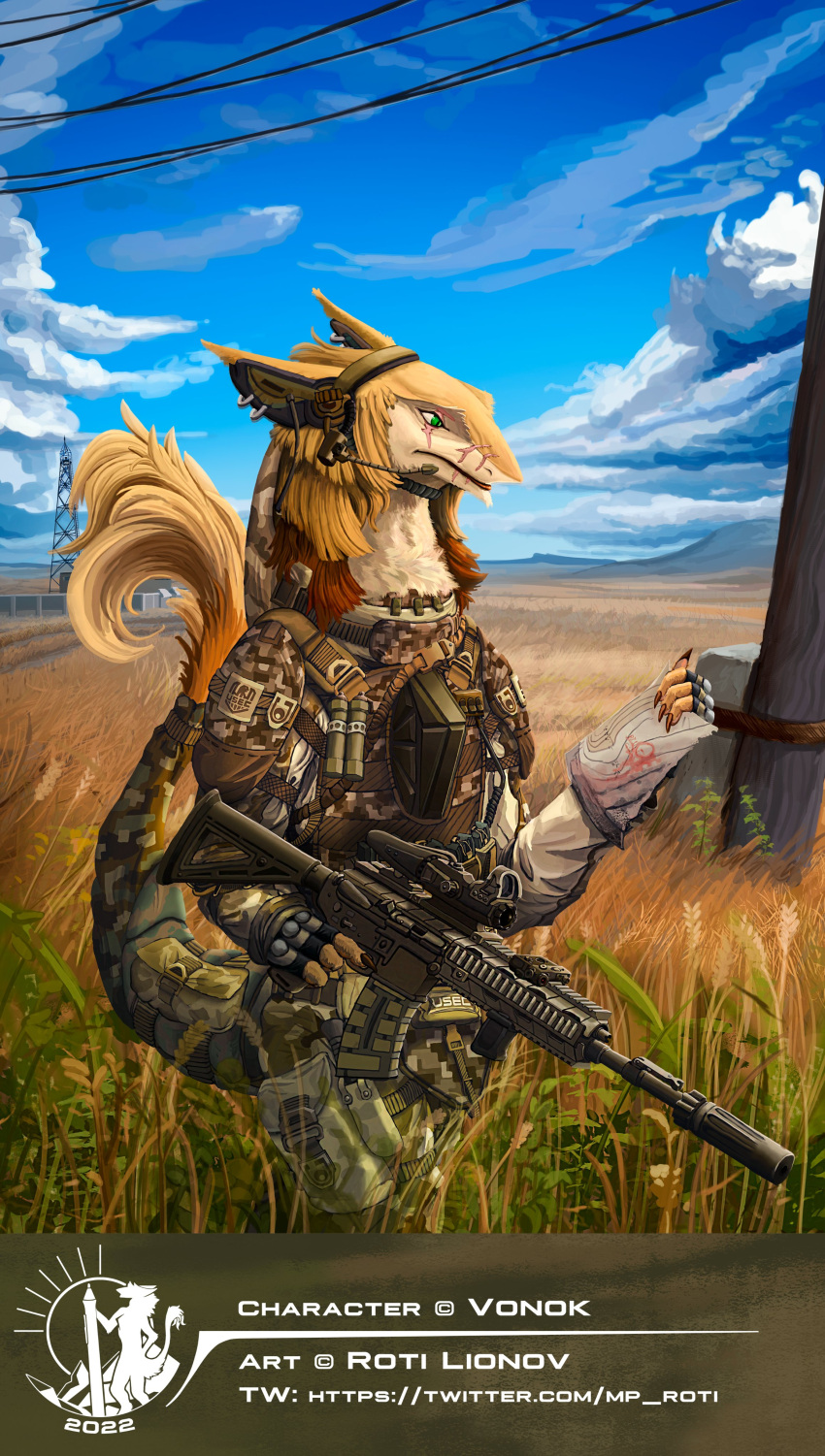 2022 absurd_res ambiguous_gender anthro assault_rifle clothed clothing detailed_background fingerless_gloves furgonomics gloves grass gun handwear headgear headphones headset hi_res m_projection map military_uniform outside plant powerlines ranged_weapon rifle scar sergal sky solo standing tail tail_clothing tall_grass uniform weapon