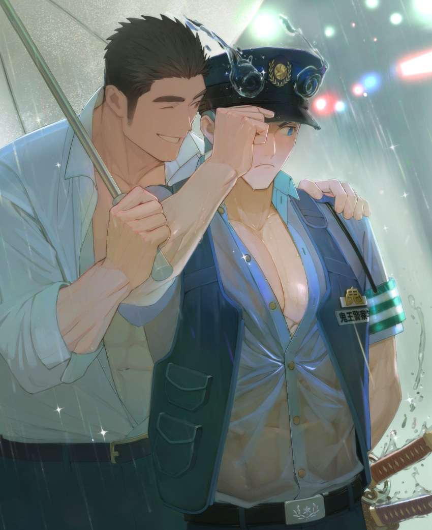 2boys abs bara belt blue_eyes blue_fire blue_hair blush brown_eyes brown_hair collared_shirt commentary commission embarrassed fiery_horns fire hand_on_another's_shoulder hand_on_headwear hat highres holding holding_umbrella horns large_pectorals long_sideburns looking_at_another looking_away male_focus multiple_boys multiple_swords muscular muscular_male partially_unbuttoned pectoral_cleavage pectorals police police_hat police_uniform policeman pout protagonist_3_(housamo) rain sakimori_toji shirt short_hair sideburns smile sparkle symbol-only_commentary thick_eyebrows tokyo_afterschool_summoners tyou umbrella uniform upper_body wet wet_clothes wet_shirt yaoi