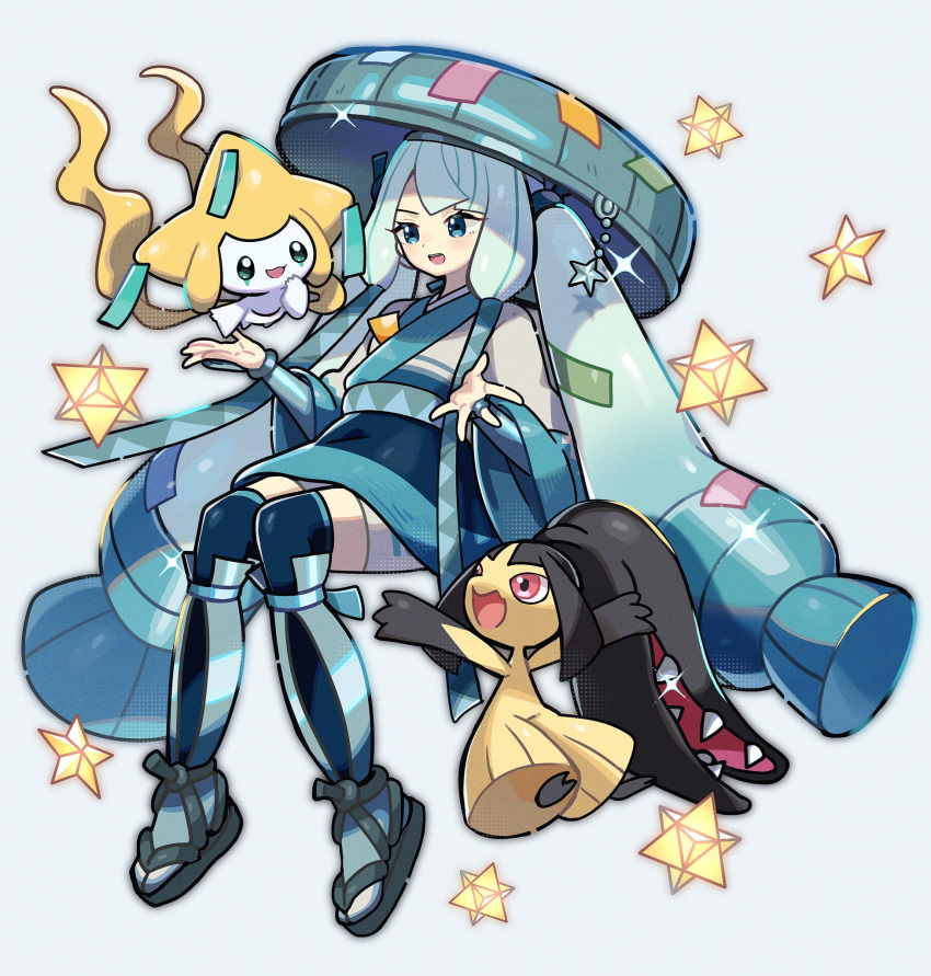 1girl aqua_hair blue_eyes blue_hair blush fuinagi_(huyuu_mm) full_body gradient_hair hat hatsune_miku highres japanese_clothes jirachi long_hair mawile multicolored_hair open_mouth pokemon pokemon_(creature) project_voltage red_eyes sandogasa simple_background sparkle star_(symbol) steel_miku_(project_voltage) twintails very_long_hair vocaloid wide_sleeves