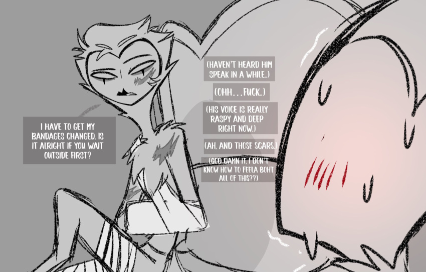 anthro avian bed bird blitzo_(helluva_boss) blush blush_lines bodily_fluids dialogue duo eye_contact furniture grey_background hair helluva_boss hi_res horn imp looking_at_another male owl owl_demon profanity short_hair simple_background speech_bubble stolas_(helluva_boss) sweat teathekook text white_text wounded