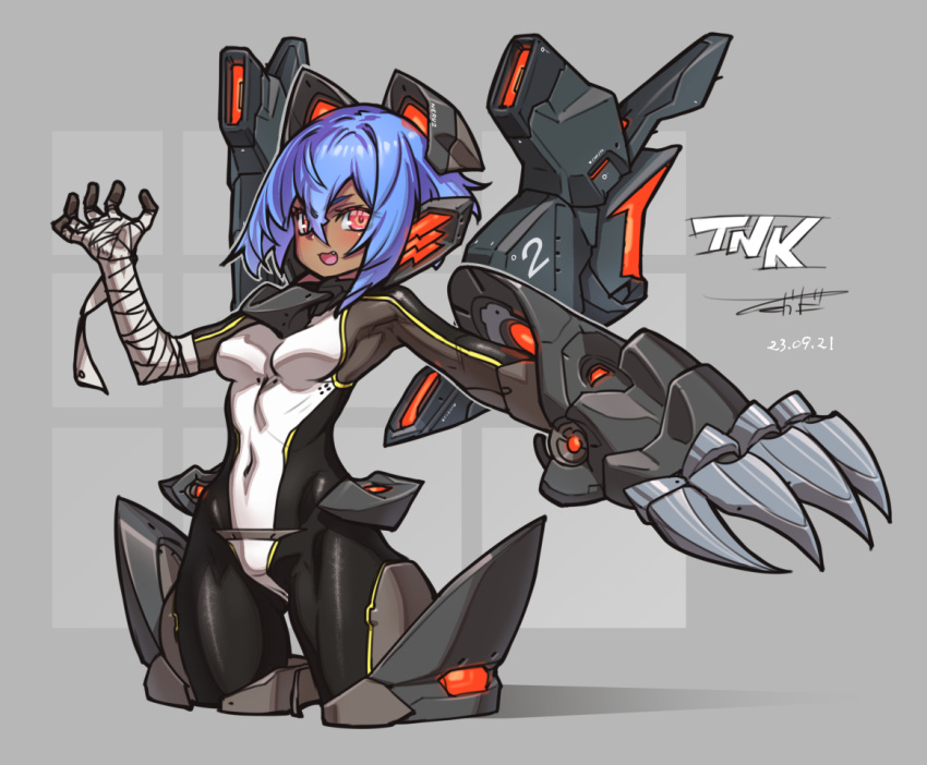 1girl :3 bandaged_arm bandages blue_hair bodysuit breasts claw_(weapon) covered_navel dark-skinned_female dark_skin dated fang gauntlets grey_background headgear looking_at_viewer mecha_musume medium_breasts original red_eyes short_hair single_gauntlet skin_tight solo takada_kazuhiro weapon