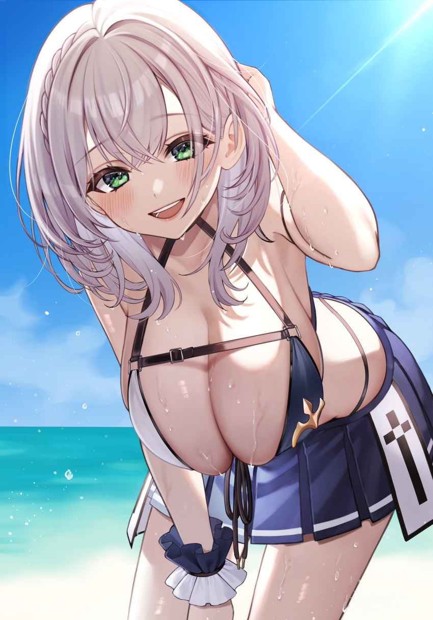 1girl alternate_costume beach bikini blue_skirt braid breast_strap breasts cleavage commentary_request double-parted_bangs fanged_bangs french_braid front-tie_bikini_top front-tie_top green_eyes grey_hair hair_tucking halterneck hanging_breasts highres hololive large_breasts leaning_forward lens_flare looking_at_viewer medium_hair ocean open_mouth parted_hair pleated_skirt shirogane_noel shirogane_noel_(summer_2020) skirt smile solo swimsuit toramaru_(toramal9831) two-tone_bikini virtual_youtuber wavy_hair
