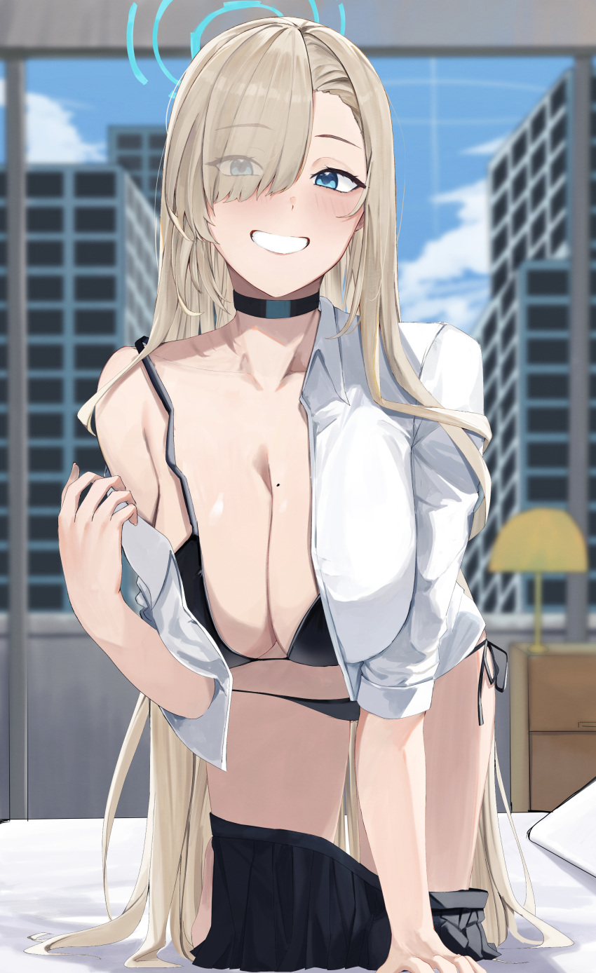 1girl absurdres asuna_(blue_archive) bedroom bikini black_bikini black_skirt blonde_hair blue_archive blue_eyes breasts cleavage clothes_pull day eyes_visible_through_hair grin hair_over_one_eye halo highres indoors large_breasts long_hair miniskirt mole mole_on_breast ref_(pmxt4483) shirt single_bare_shoulder skirt skirt_pull smile solo straight_hair swimsuit thighs undressing very_long_hair white_shirt window